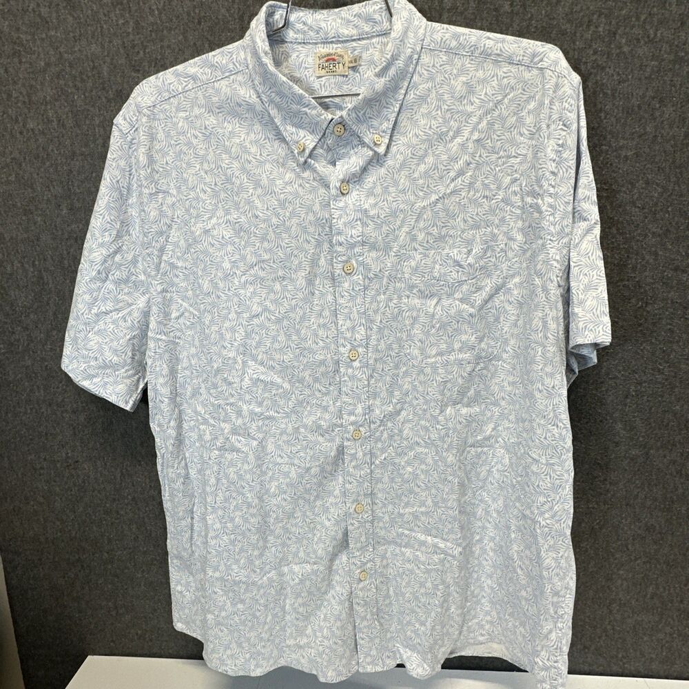 Faherty Shirt Mens XXL Blue Floral Wood Button Down Short Sleeve Hemp Tencel